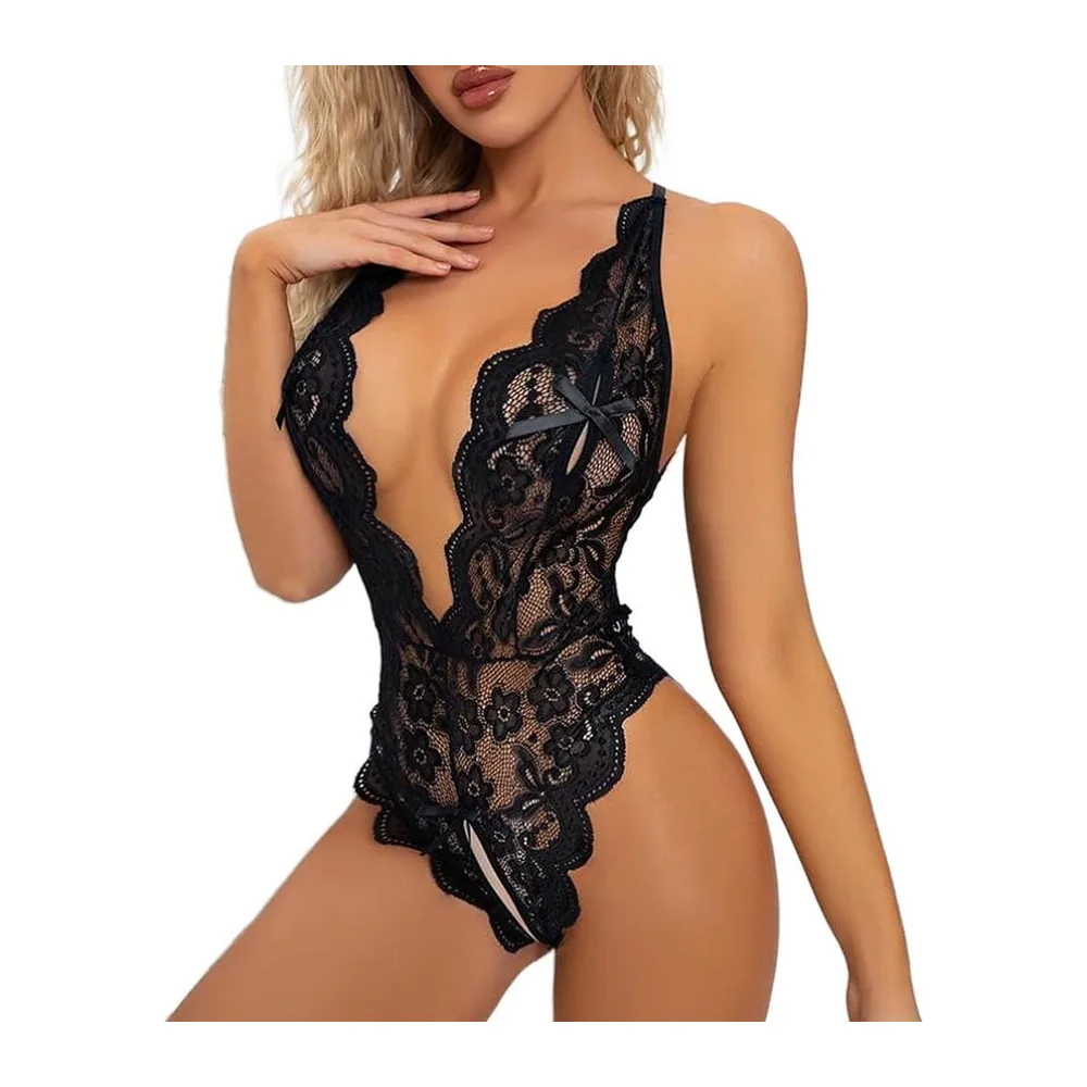Body et Combinaison Sexy Dos Nu en Dentelle Décolleté en V Teddy Lingerie Culotte — Noir