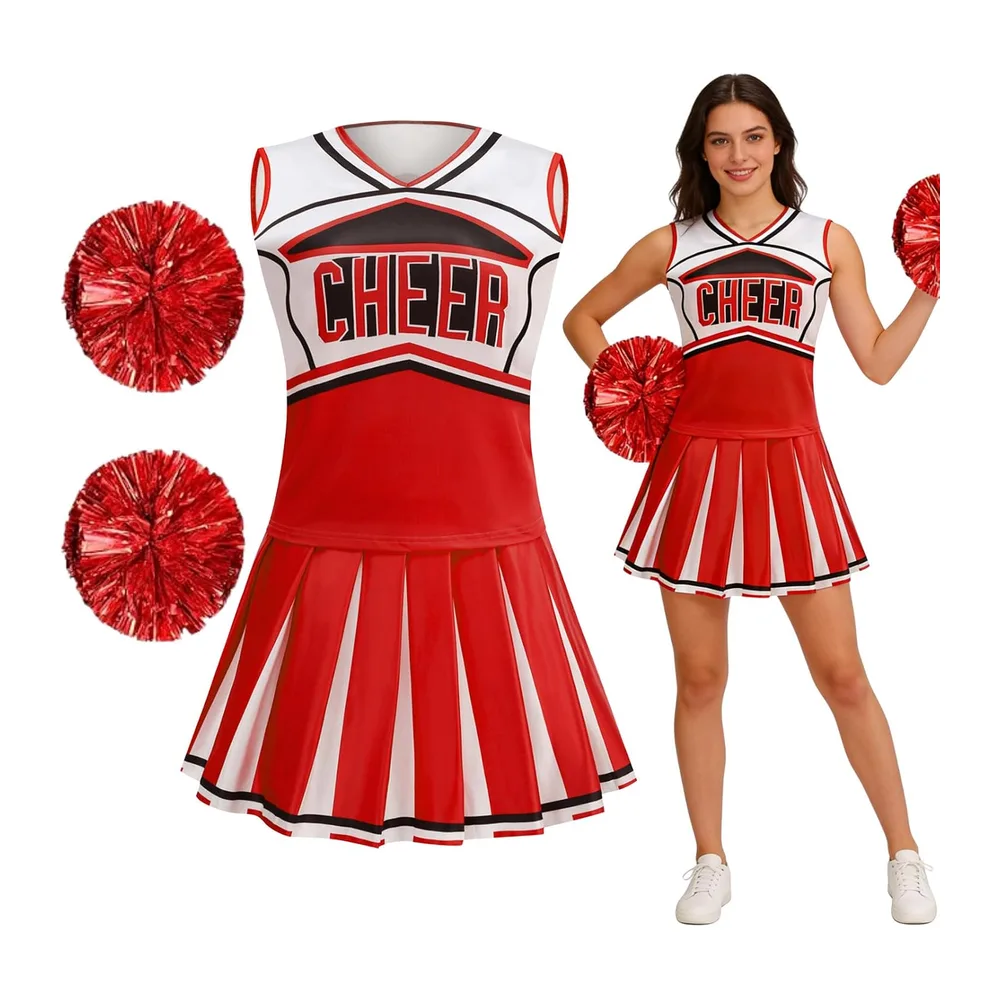 MaxToonrain Cheerleader Costume for with Pull Ring Pom Poms Top and — Rouge Classique