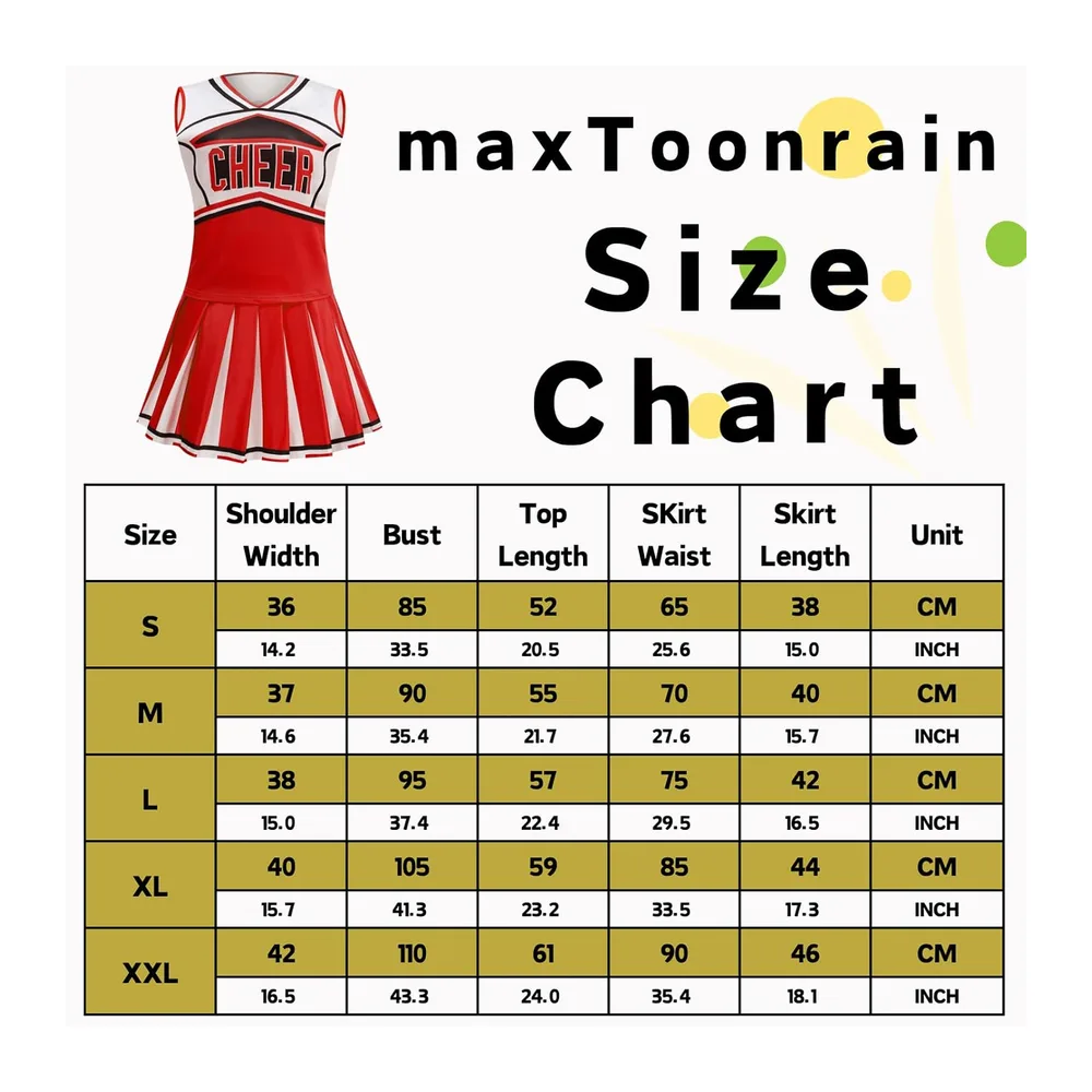MaxToonrain Cheerleader Costume for with Pull Ring Pom Poms Top and — Rouge Classique
