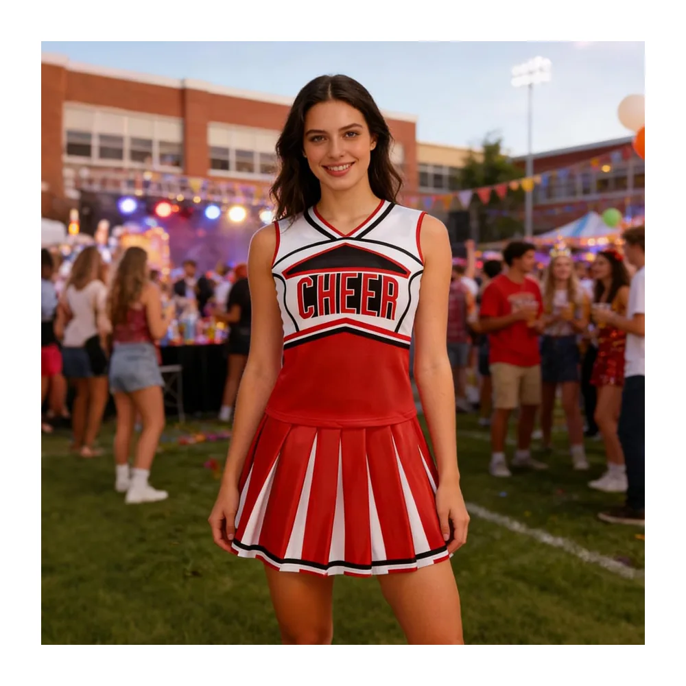 MaxToonrain Cheerleader Costume for with Pull Ring Pom Poms Top and — Rouge Classique