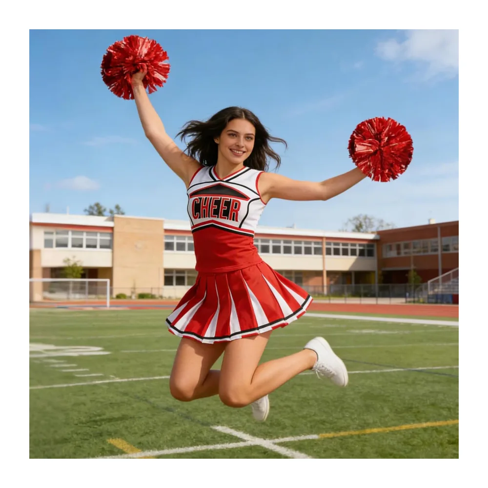 MaxToonrain Cheerleader Costume for with Pull Ring Pom Poms Top and — Rouge Classique