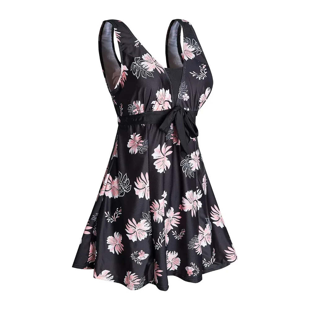 Maillot de Bain Une Pieces Rétro Jupe avec Volantée Contrôle du Ventre Push — Fleur Rose