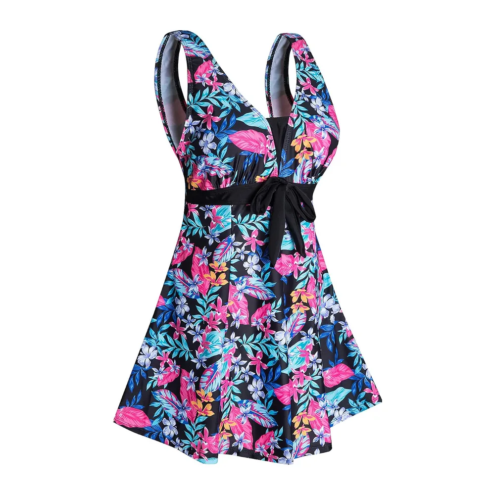 Maillot de Bain Une Pieces Rétro Jupe avec Volantée Contrôle du Ventre — Fleur Violette
