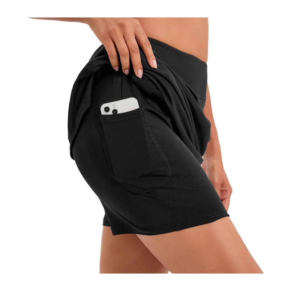 Jupe avec short intégré, longueur genou, taille haute, pour le sport, le tennis — Noir