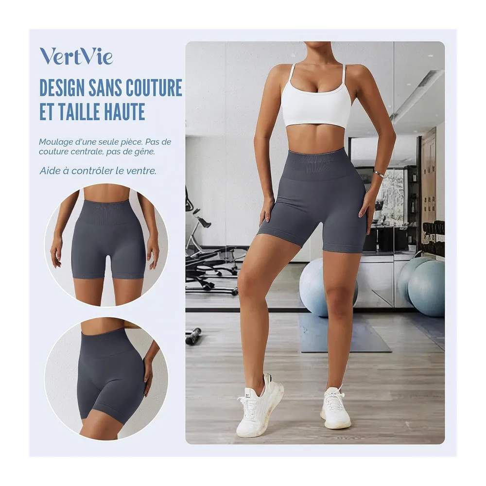 Short de sport, taille haute, sans coutures, legging court, push up, pour la — Gris Foncé