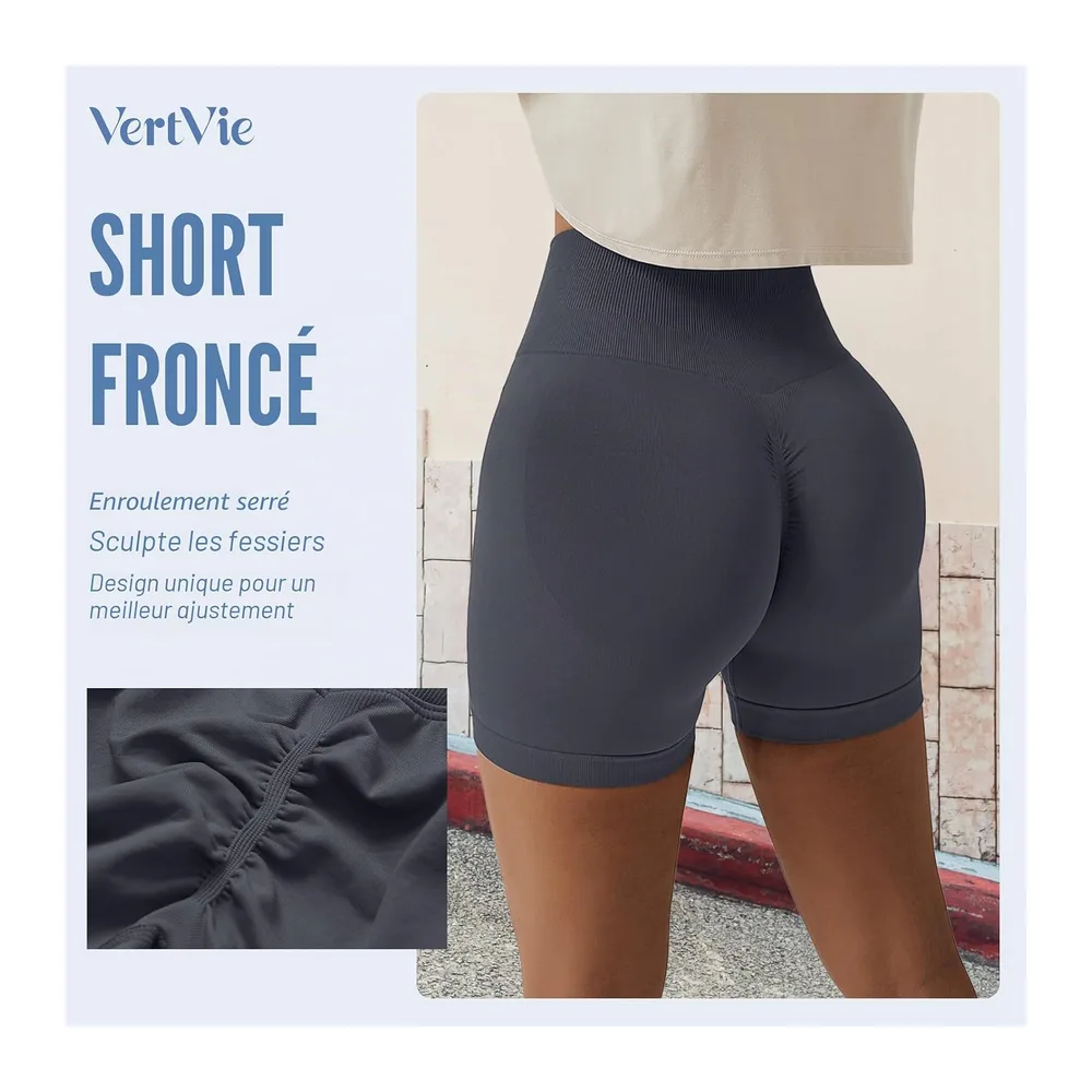 Short de sport, taille haute, sans coutures, legging court, push up, pour la — Gris Foncé