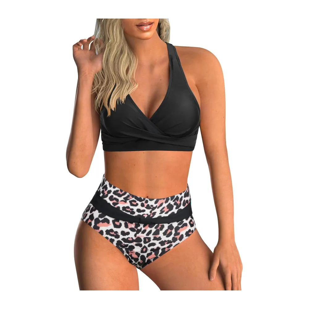 Maillot de Bain Deux Pièces Taille Haute Imprimé Bikini — Imprimé Léopard Noir