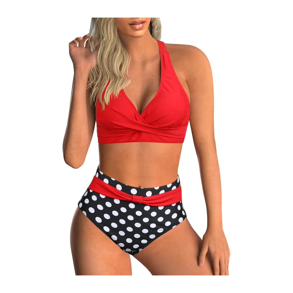 Maillot de Bain Deux Pièces Taille Haute Imprimé Bikini — Rouge + Noir À Pois