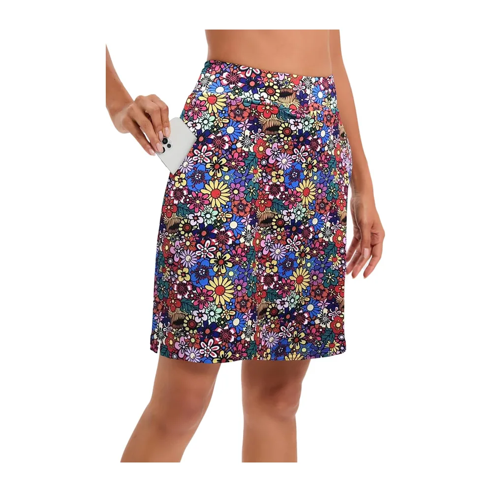 Jupe avec short intégré, longueur genou, taille haute, pour le — Fleurs Multicolores.