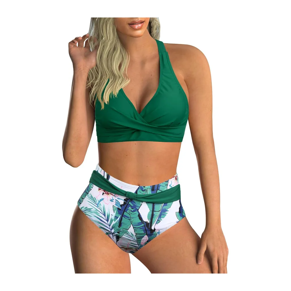 Maillot de Bain Deux Pièces Taille Haute Imprimé Bikini — Feuilles Vertes