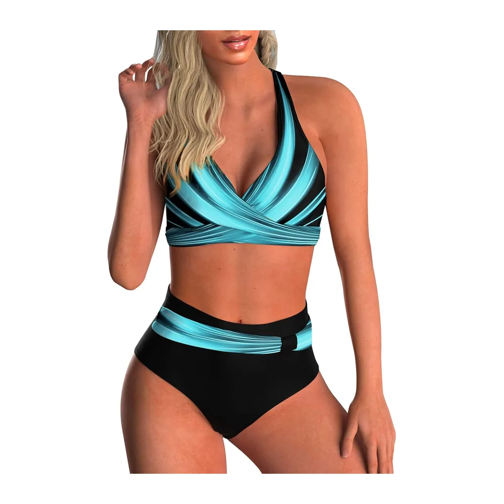 Maillot de Bain Deux Pièces Taille Haute Imprimé Bikini — Bandes Bleues