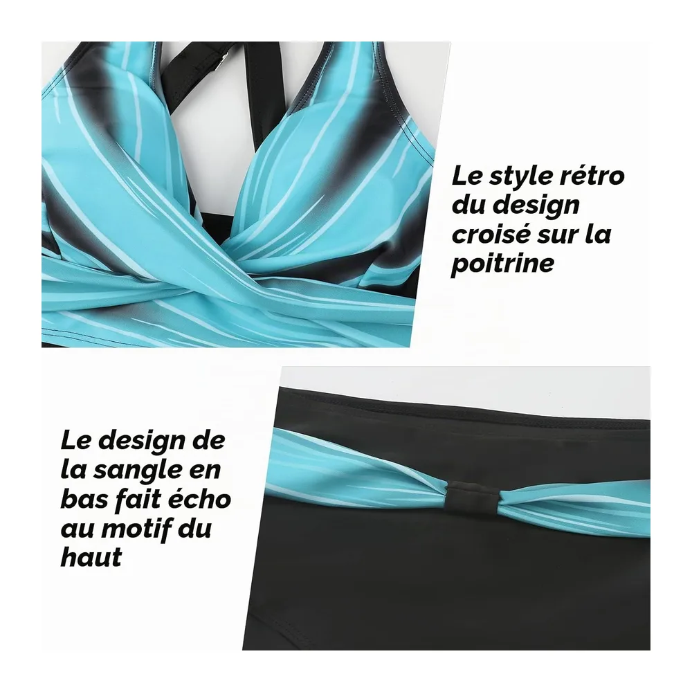 Maillot de Bain Deux Pièces Taille Haute Imprimé Bikini — Bandes Bleues
