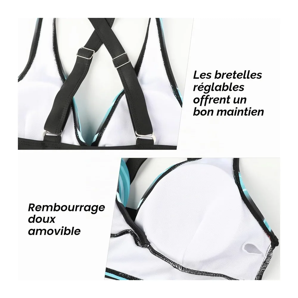Maillot de Bain Deux Pièces Taille Haute Imprimé Bikini — Bandes Bleues