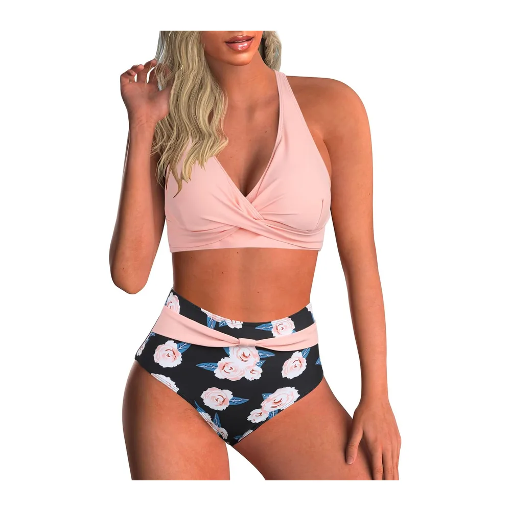 Maillot de Bain Deux Pièces Taille Haute Imprimé Bikini — Rose