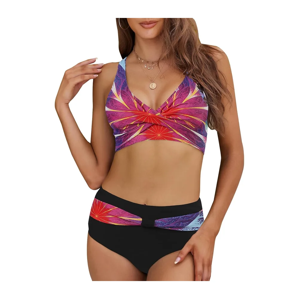 Maillot de Bain Deux Pièces Taille Haute Imprimé Bikini — Fuchsia