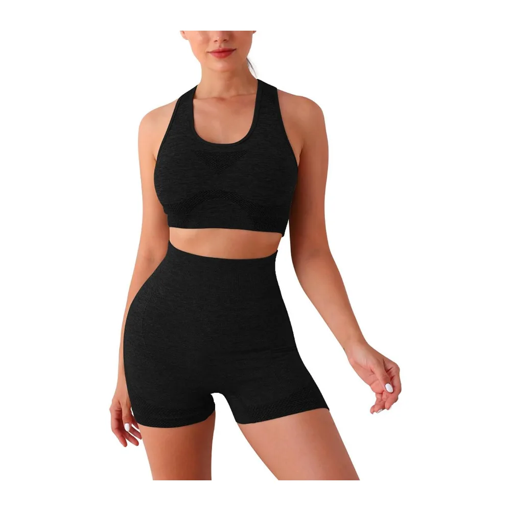 Sports Tracksuit Sets Bra Tank Top Crop Top High Waist Shorts Sport Leggings — Noir
