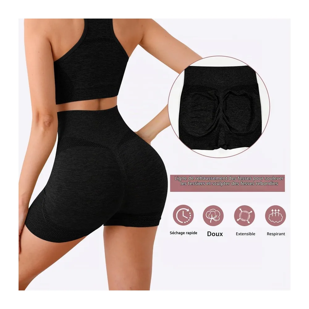 Sports Tracksuit Sets Bra Tank Top Crop Top High Waist Shorts Sport Leggings — Noir