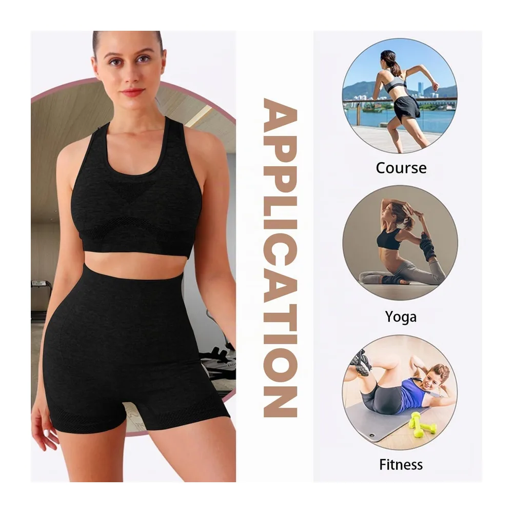 Sports Tracksuit Sets Bra Tank Top Crop Top High Waist Shorts Sport Leggings — Noir