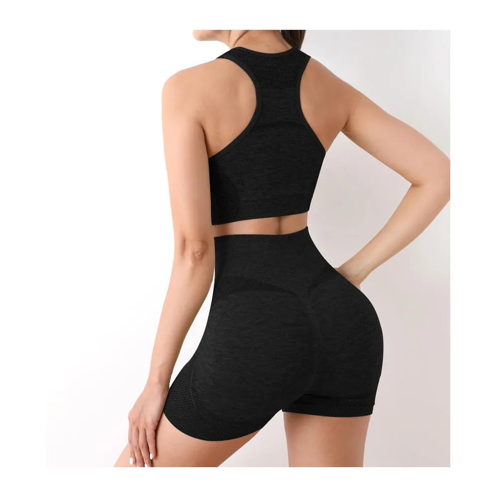Sports Tracksuit Sets Bra Tank Top Crop Top High Waist Shorts Sport Leggings — Noir