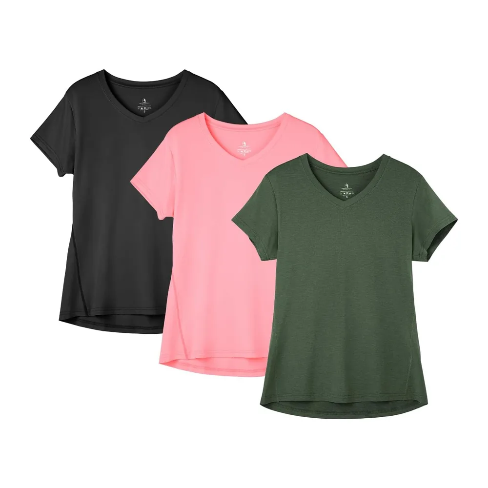 T-Shirts de Sport à Manche Courtes Tops et Col en V Fitness — Noir, Rose Pâle, Vert Foncé