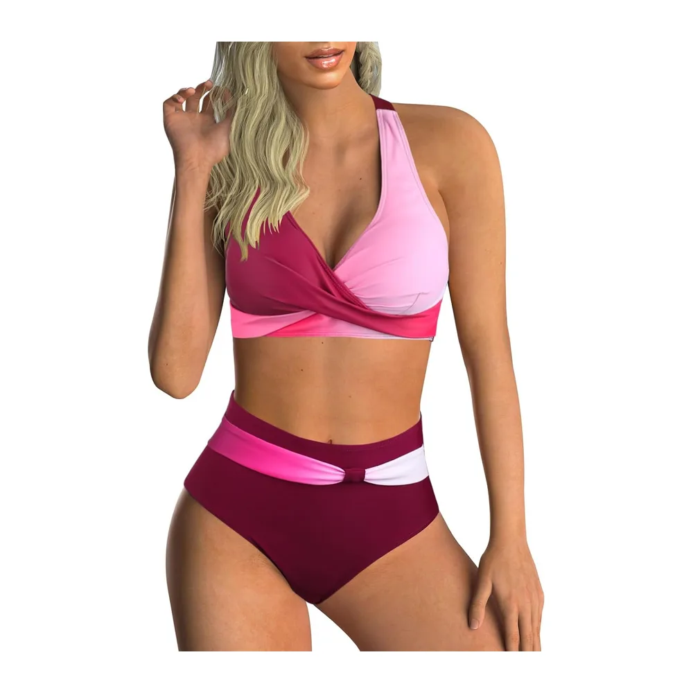 Maillot de Bain Deux Pièces Taille Haute Imprimé Bikini — Date Rouge + Rose