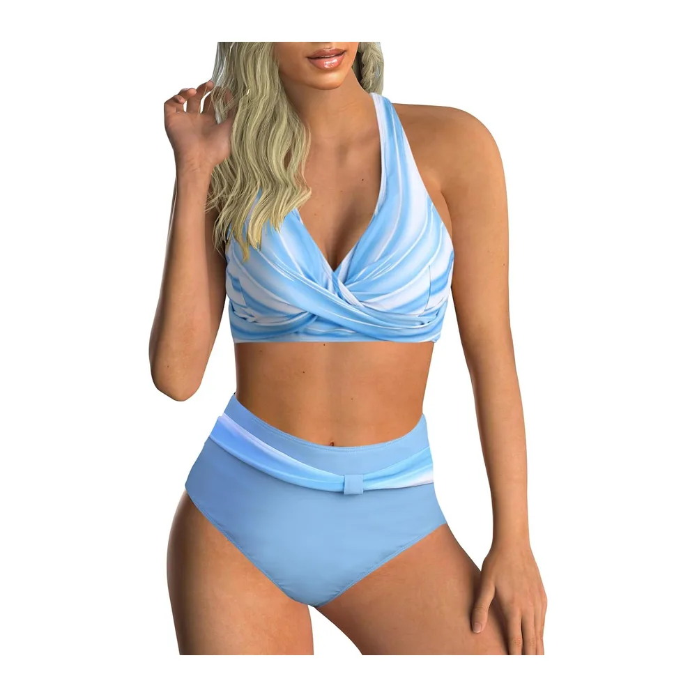 Maillot de Bain Deux Pièces Taille Haute Imprimé Bikini — Rayures Bleues + Blanches