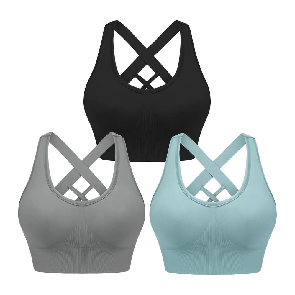 Brassière Sport sans Armature avec Coussinets Amovibles — Noir+bleu+gris