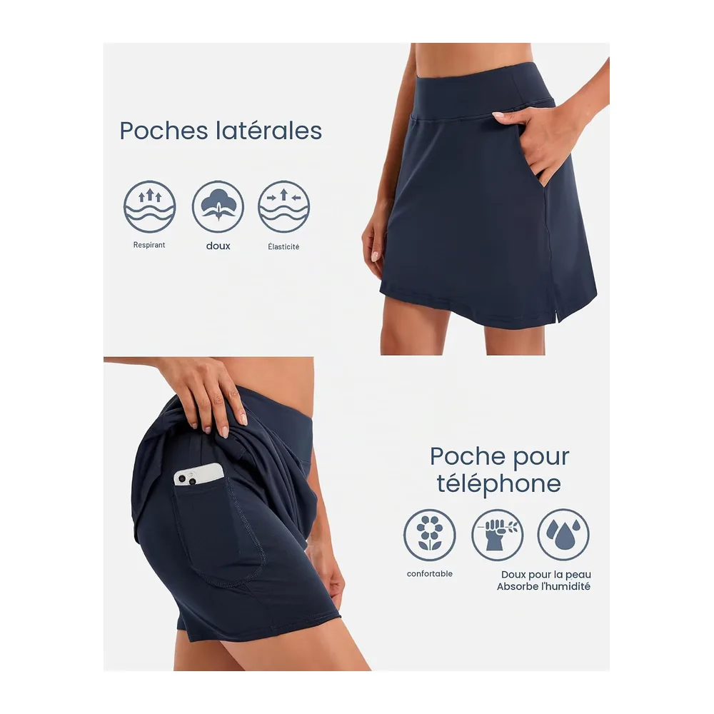Tennis Skirt with Shorts Short with Pockets Golf Hiking Running Cycling — Bleu Marine
