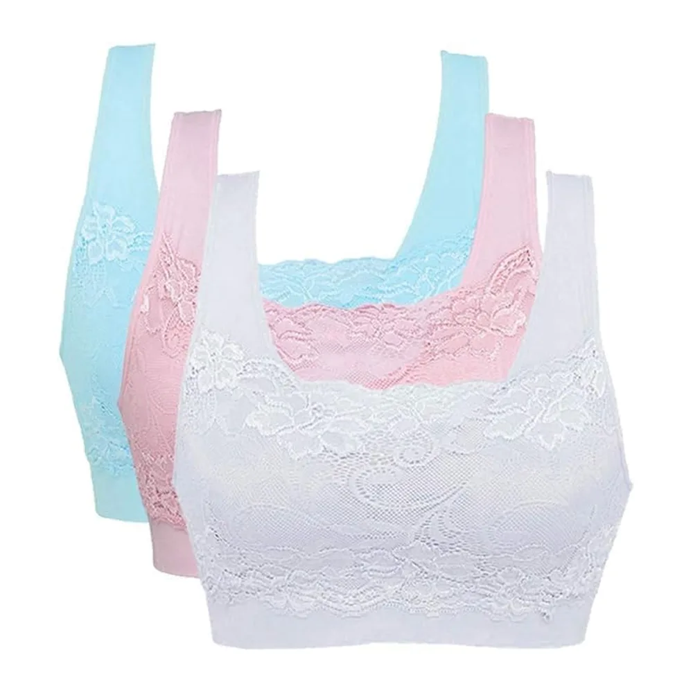 Brassière Soutien Gorge Dentelle sans Armature pour Sport — Blanc+rose+bleu