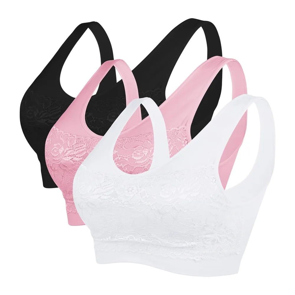 Brassière Soutien Gorge Dentelle sans Armature pour Sport — Noir+blanc+rose