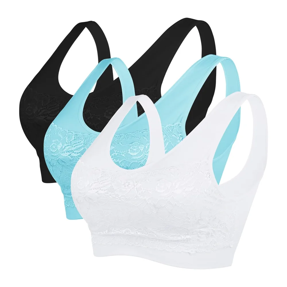Brassière Soutien Gorge Dentelle sans Armature pour Sport — Noir+blanc+bleu