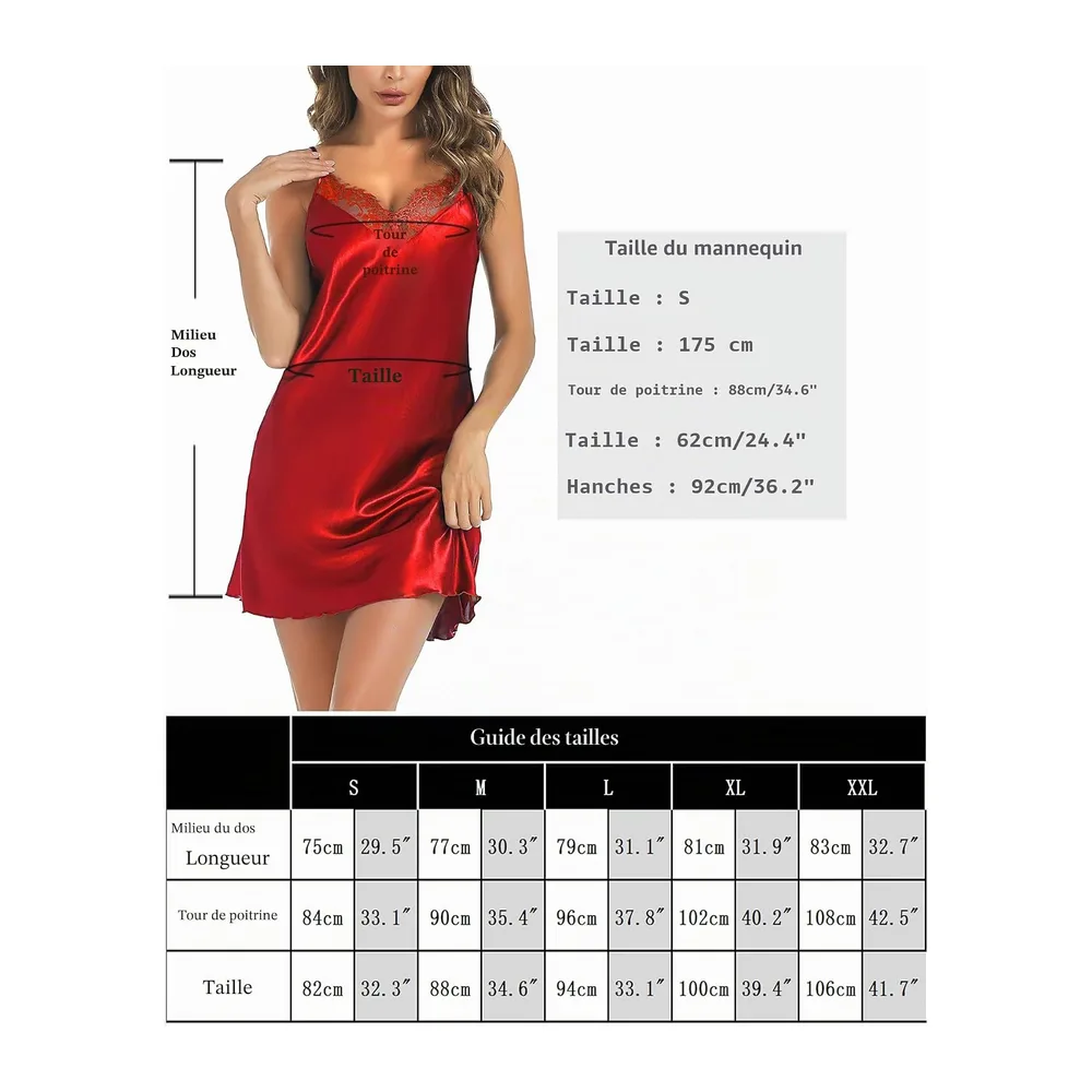 Nuisette Sexy Chemise de Nuit Dentelle Sling Bretelles — A-noir+rouge