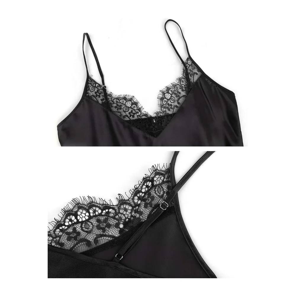 Nuisette Sexy Chemise de Nuit Dentelle Sling Bretelles — A-noir+rouge