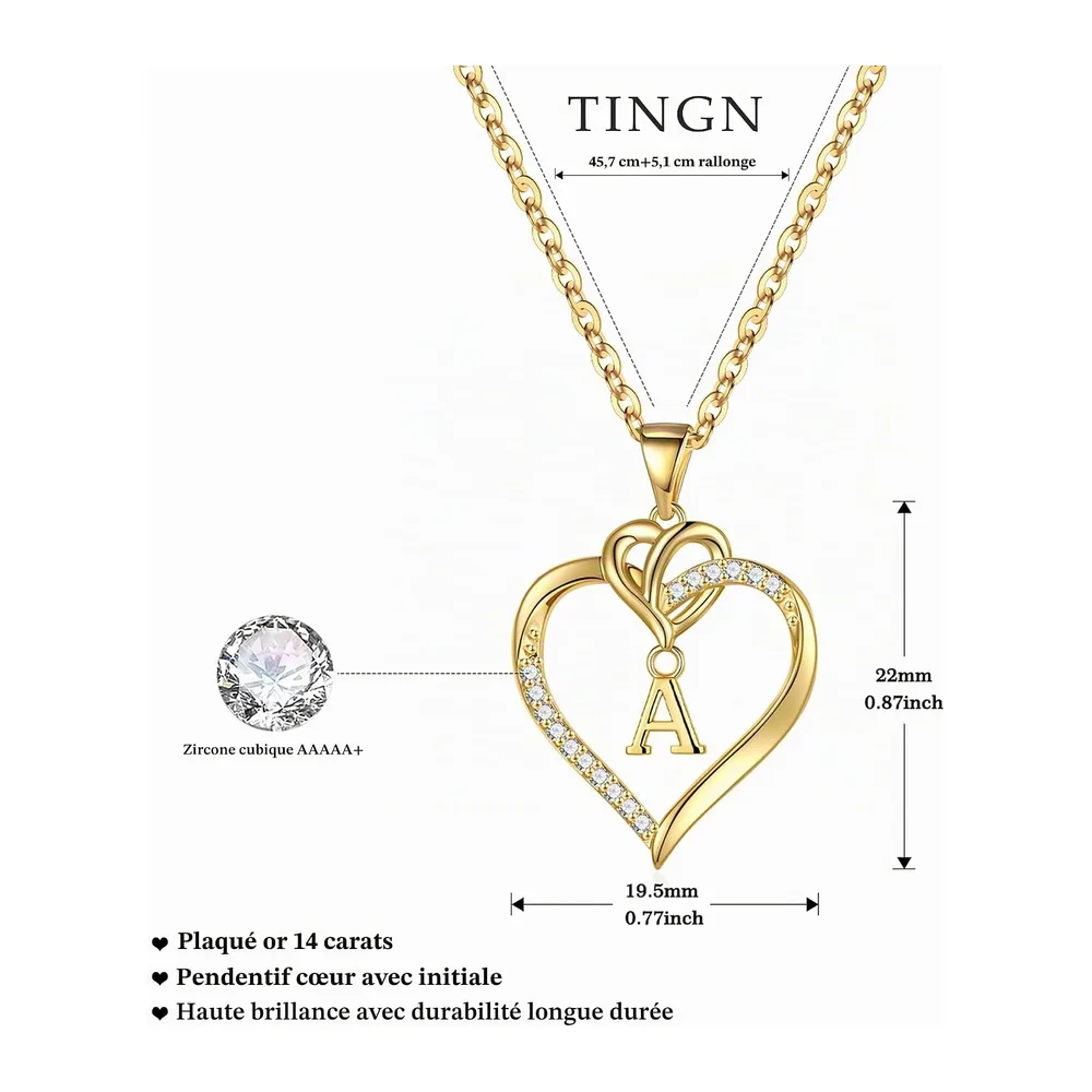 Coeur Collier Or Argent, Plaqué Or/Or Blanc Chaîne Initiale Collier Zircone Lettre Coeur