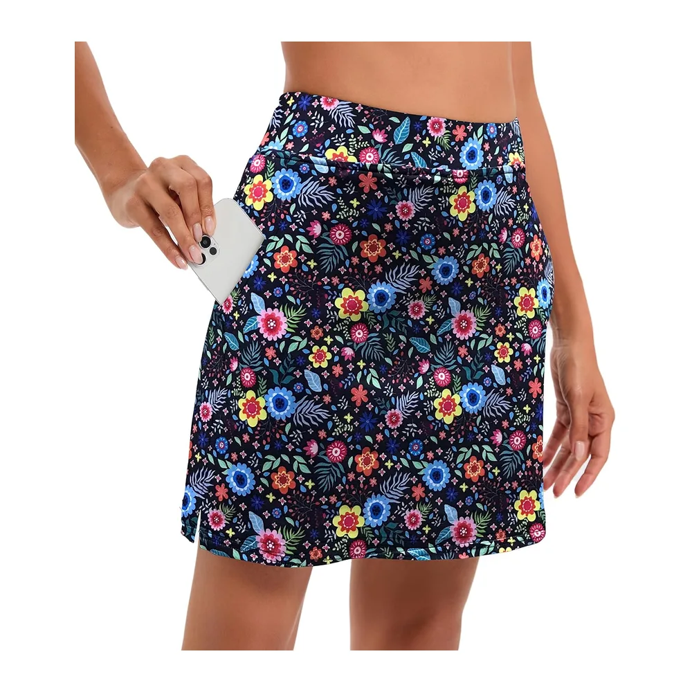 Tennis Skirt with Shorts Short with Pockets Golf — D01 Fleurs Multicolores Bleu Marine