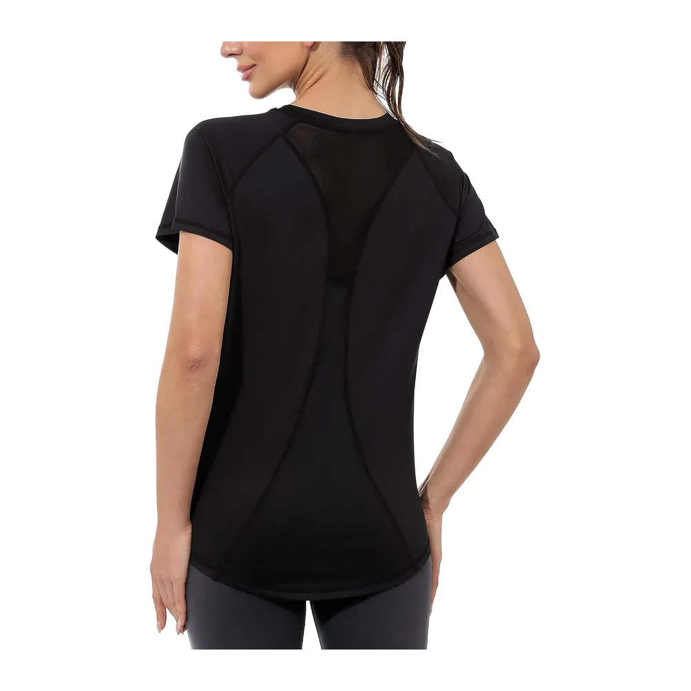 Tee Shirt Sport Anti UV Haut de Fitness Élastique Col Rond Manche Courte Tee-Shirt — Noir