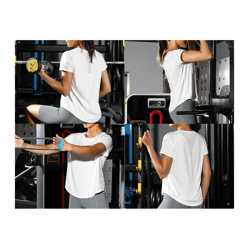 Tee Shirt Sport Anti UV Haut de Fitness Élastique Col Rond Manche Courte Tee-Shirt — Blanc