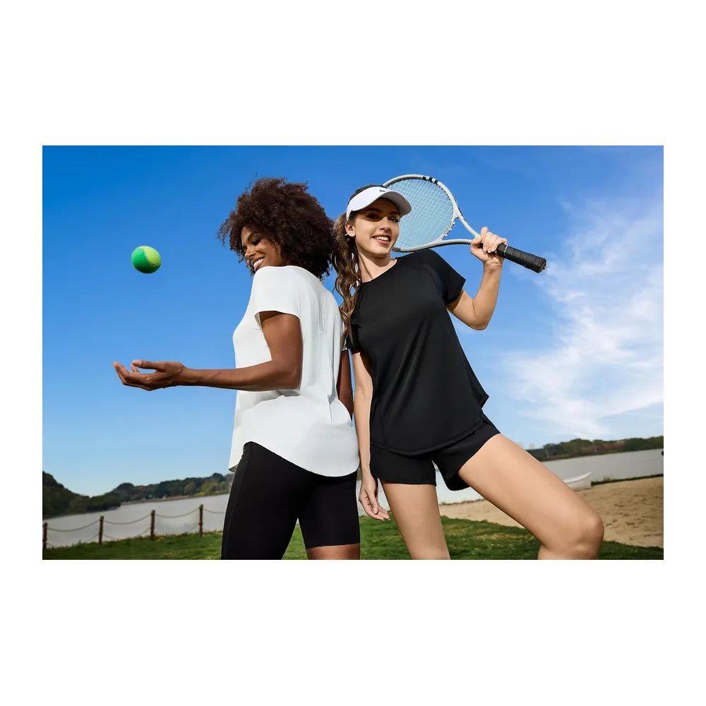 Tee Shirt Sport Anti UV Haut de Fitness Élastique Col Rond Manche Courte Tee-Shirt — Blanc