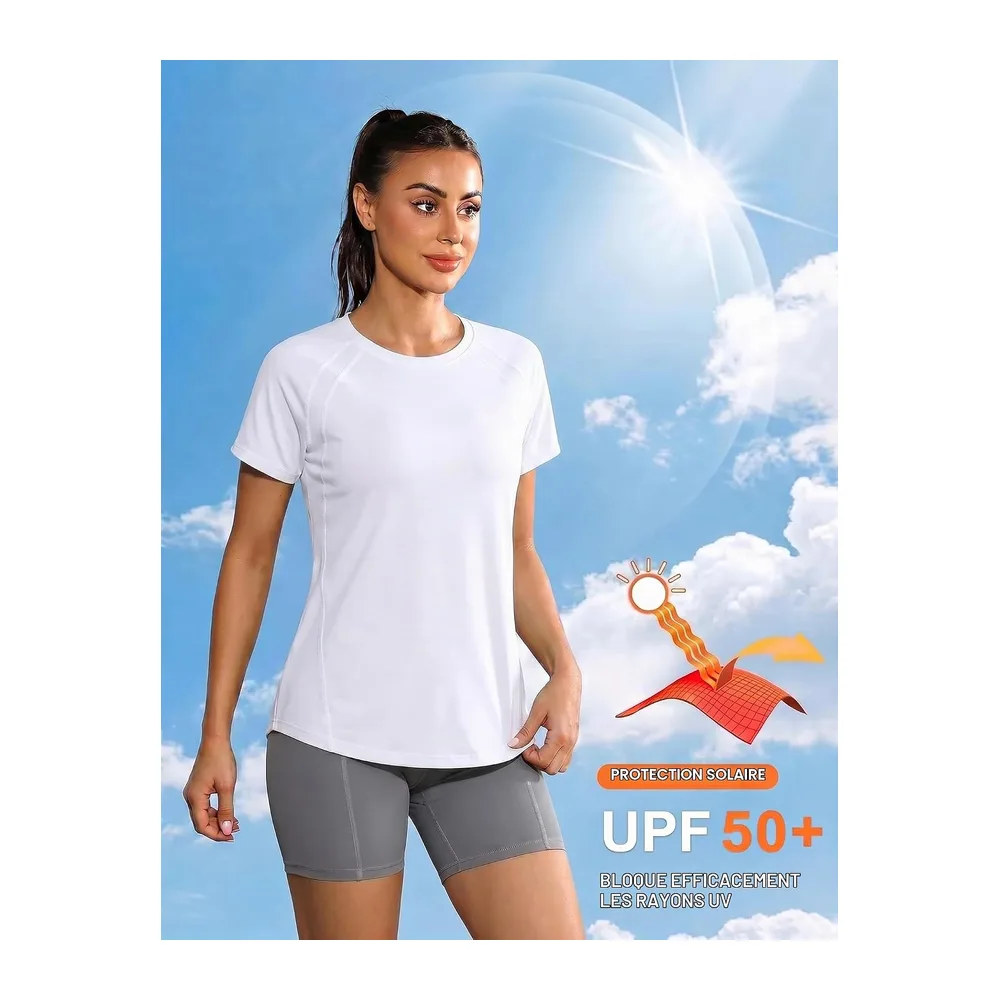 Tee Shirt Sport Anti UV Haut de Fitness Élastique Col Rond Manche Courte Tee-Shirt — Blanc