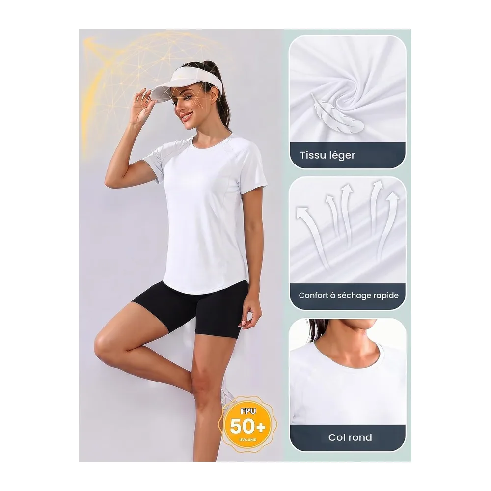 Tee Shirt Sport Anti UV Haut de Fitness Élastique Col Rond Manche Courte Tee-Shirt — Blanc