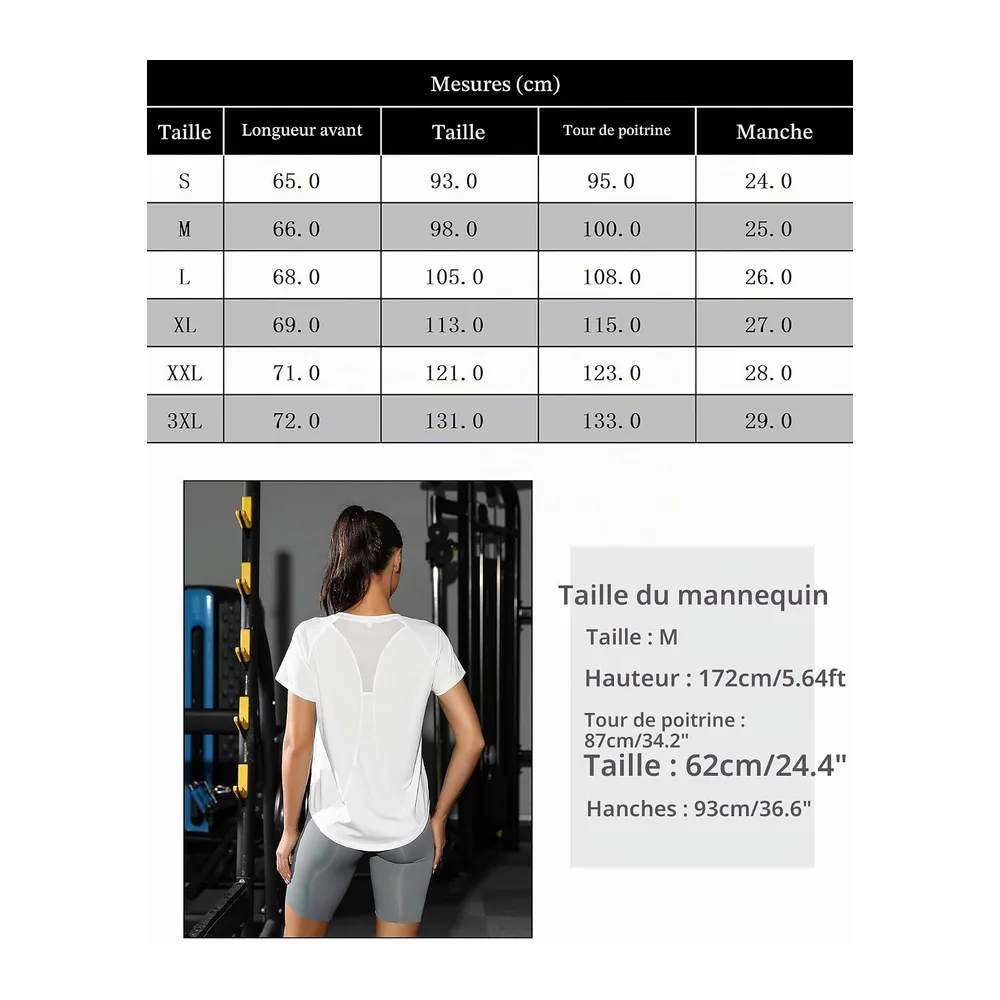 Tee Shirt Sport Anti UV Haut de Fitness Élastique Col Rond Manche Courte Tee-Shirt — Blanc
