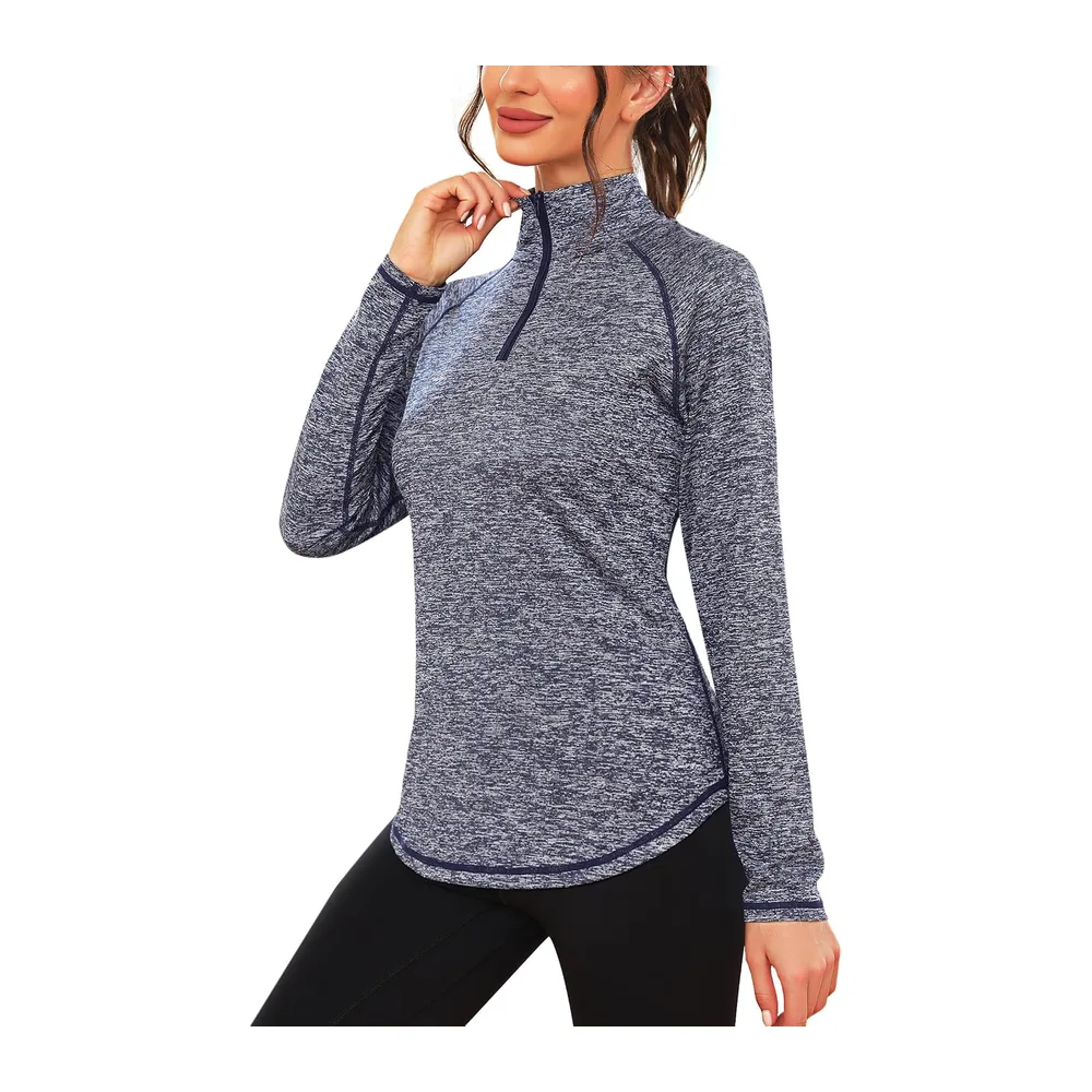 Tee Shirt de Sport Manche Longue Haut Running 1/4 Zip Top Fitness Yoga — Bleu Marine