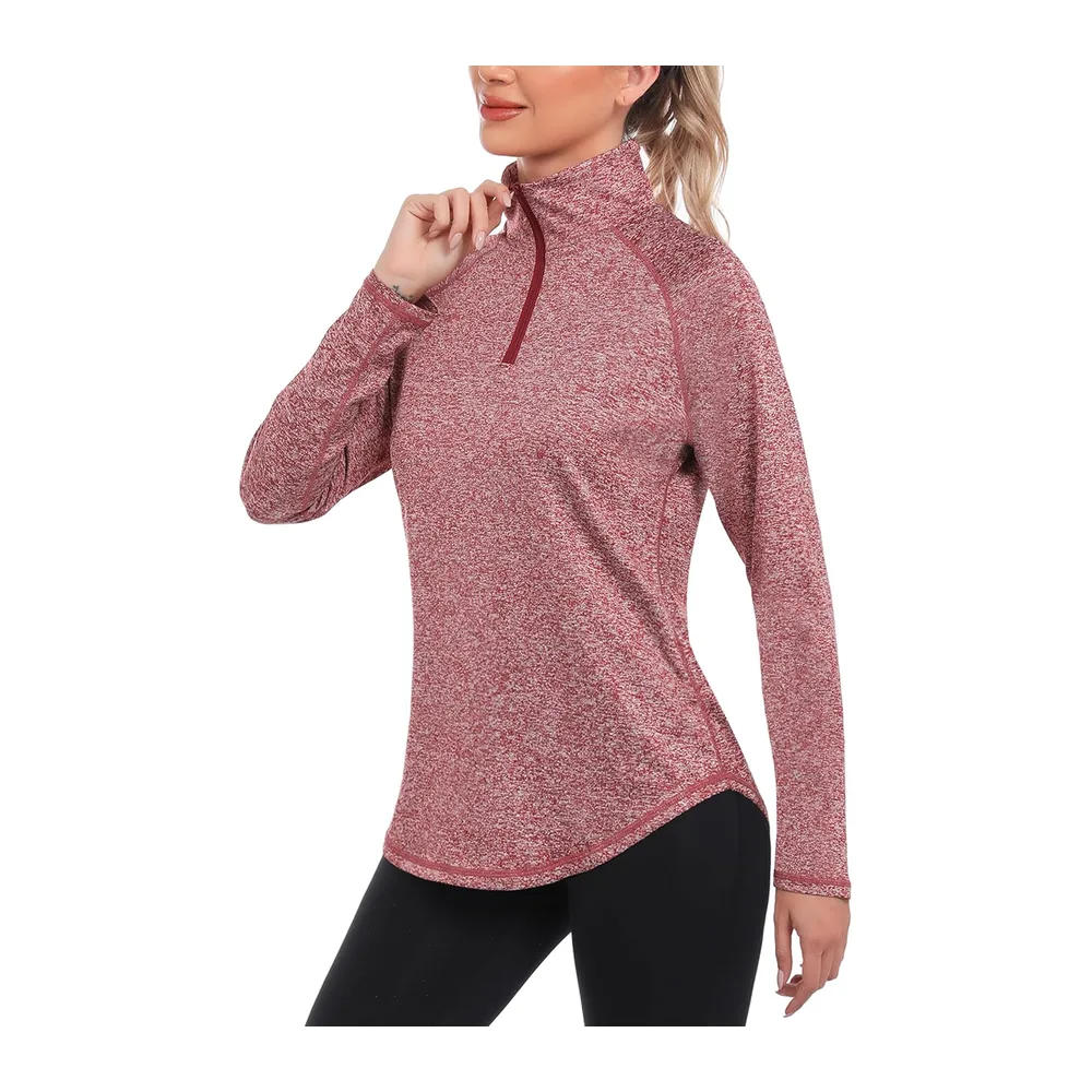 Tee Shirt de Sport Manche Longue Haut Running 1/4 Zip Top Fitness Yoga — Vin Rouge