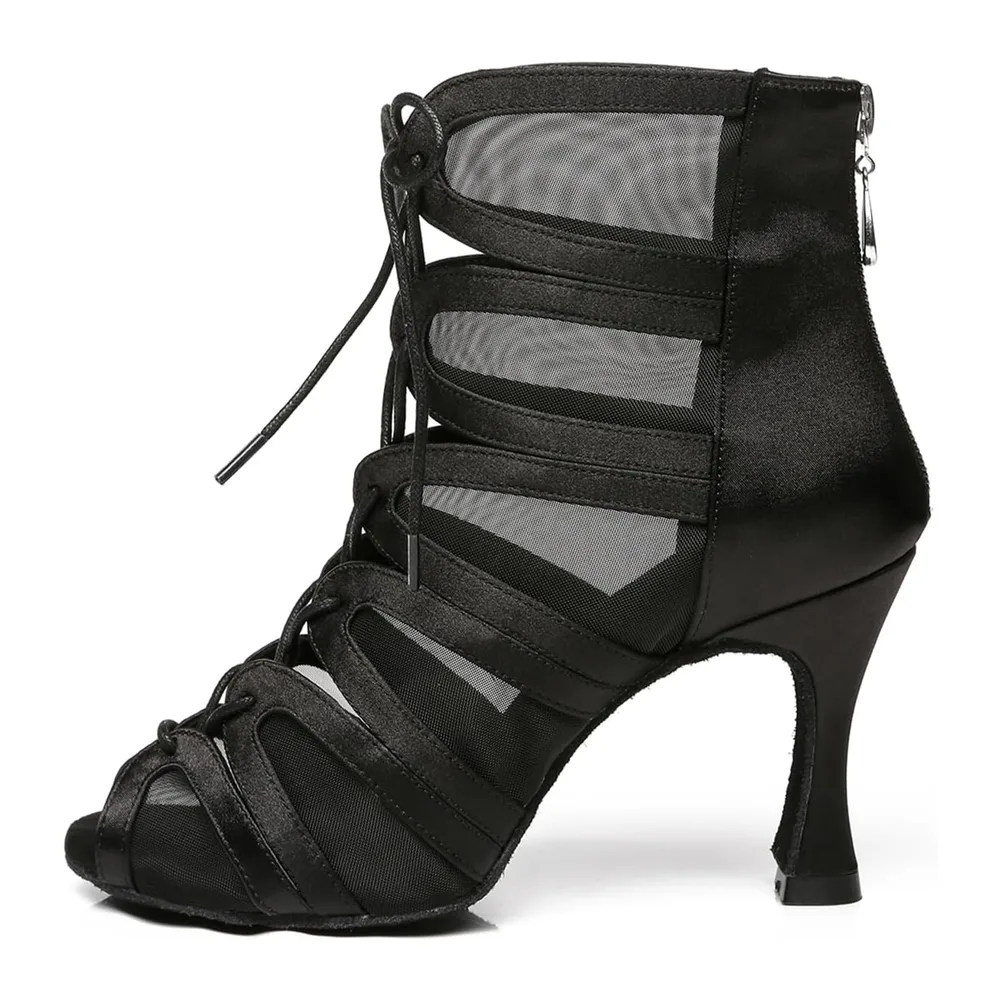 Bottes de Danse Latine Bachata à Lacets Bout Ouvert Chaussure de Danse de Salon — Noir