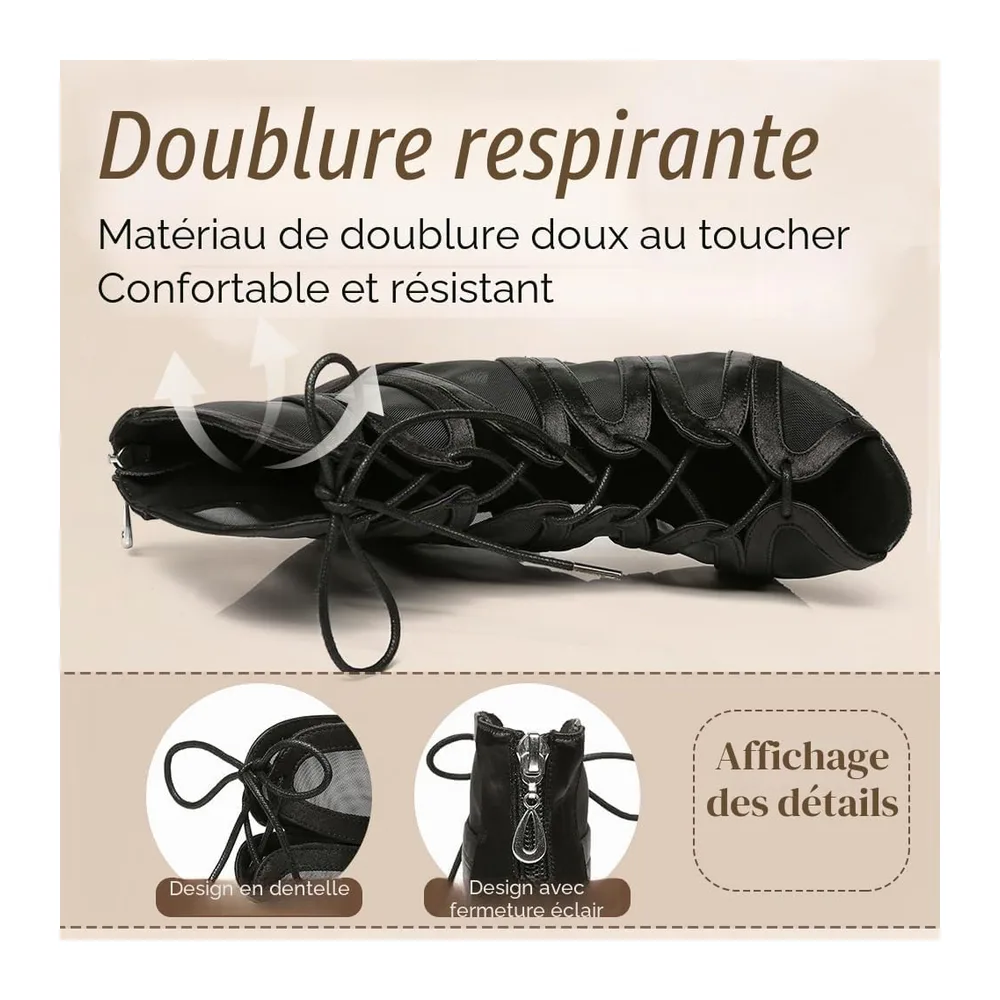 Bottes de Danse Latine Bachata à Lacets Bout Ouvert Chaussure de Danse de Salon — Noir