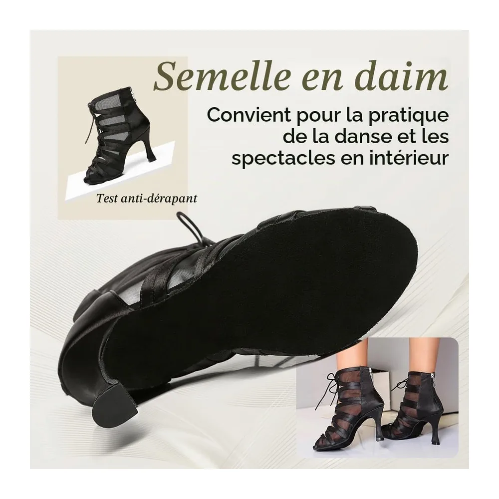 Bottes de Danse Latine Bachata à Lacets Bout Ouvert Chaussure de Danse de Salon — Noir