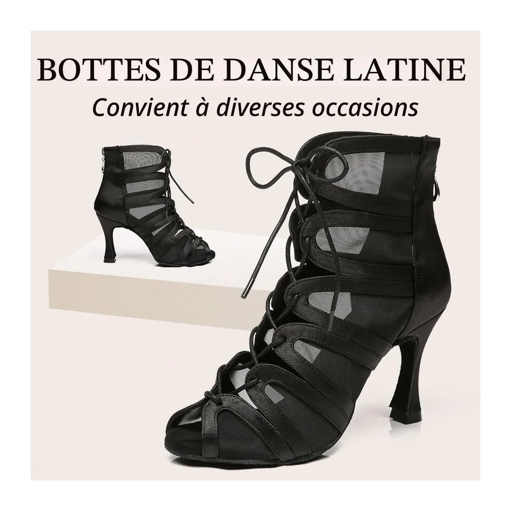 Bottes de Danse Latine Bachata à Lacets Bout Ouvert Chaussure de Danse de Salon — Noir