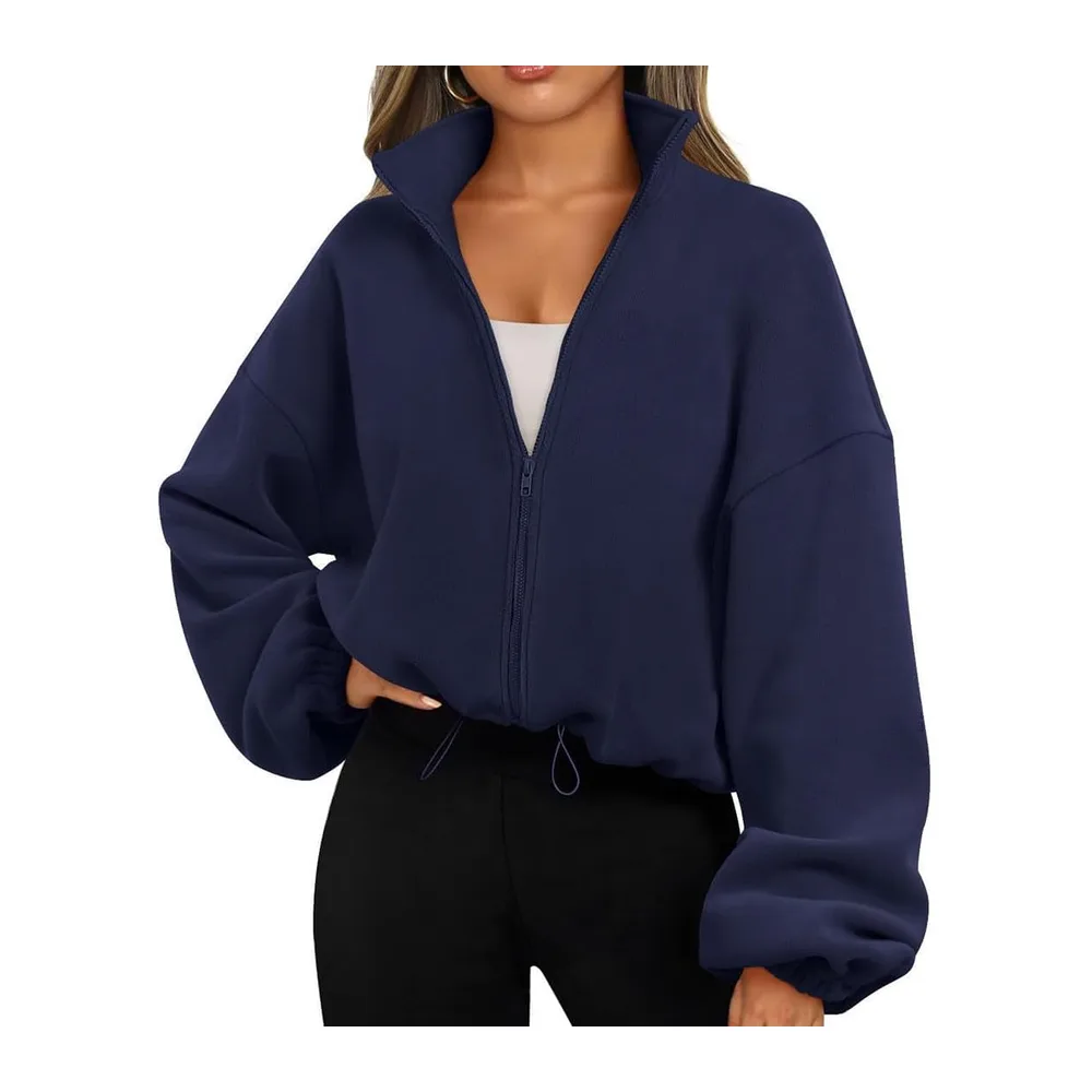 Fleece Sweatshirt with Long Sleeves Stand Collar Zip Turtleneck — Bleu Marine