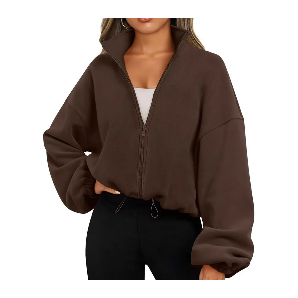 Fleece Sweatshirt with Long Sleeves Stand Collar Zip Turtleneck Autumn-Winter — Café