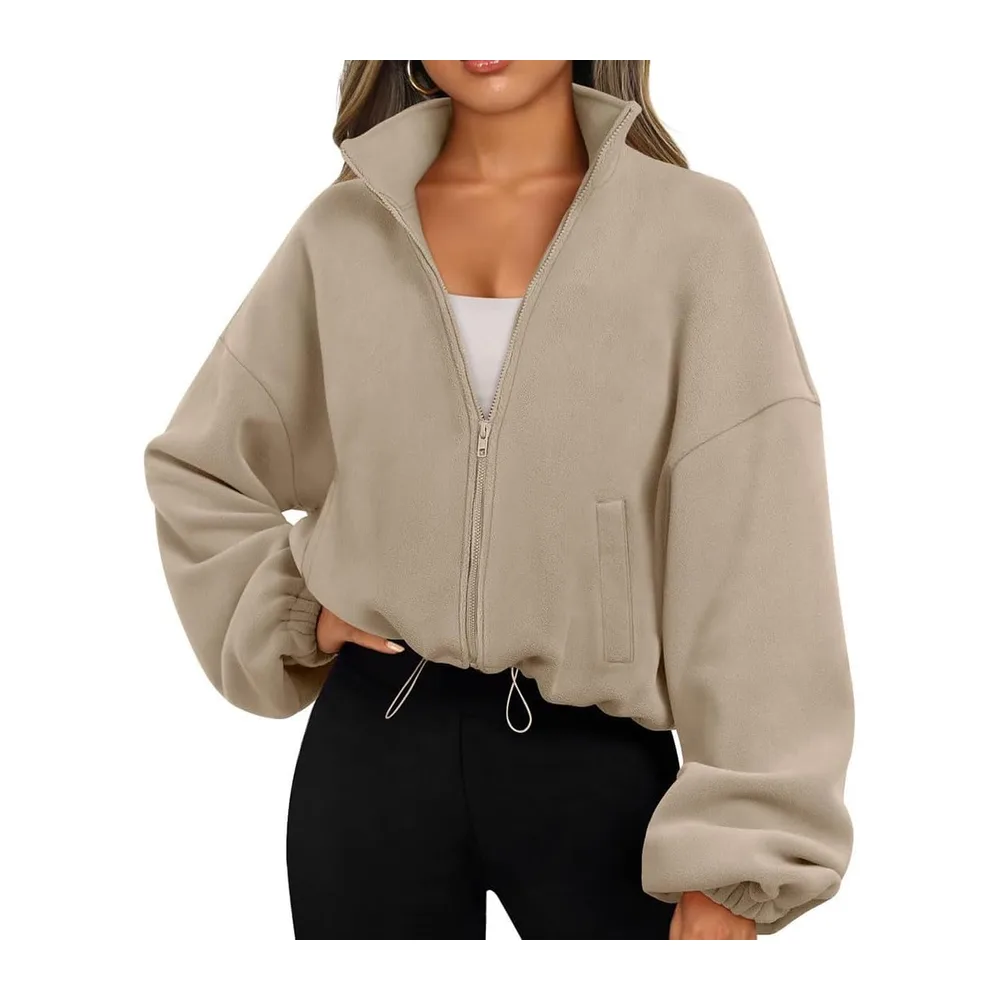 Fleece Sweatshirt with Long Sleeves Stand Collar Zip Turtleneck Autumn-Winter — Kaki